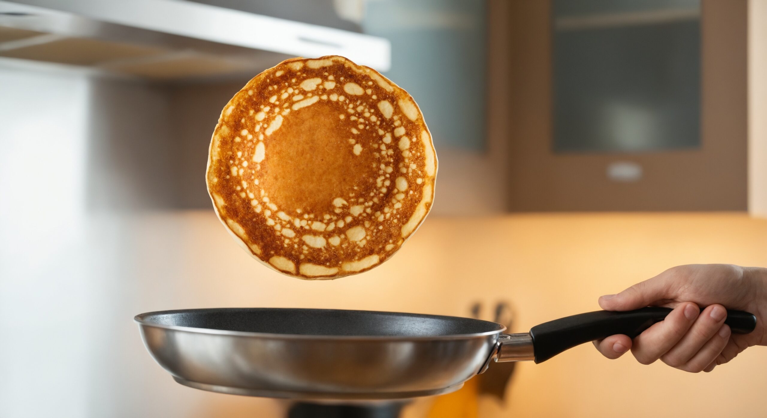 Pancake mid‑flip above a hot frying pan in a bright kitchen.