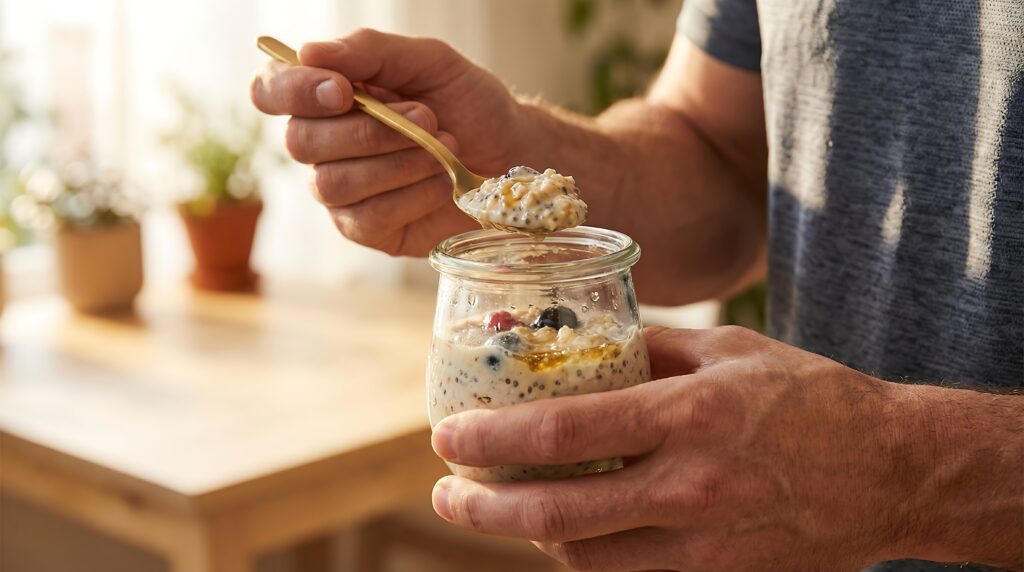 man eating overnight oats
